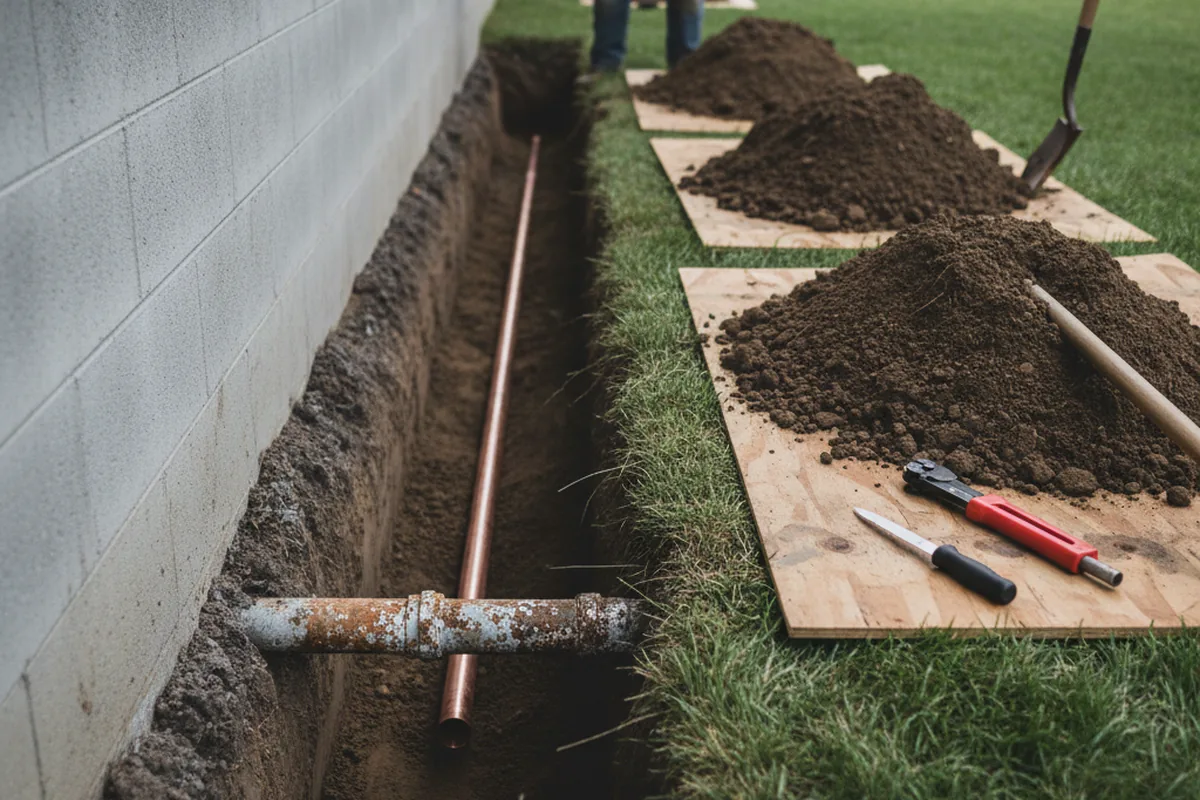 Excavated water line trench during Sewer Line Repair in Carlinville